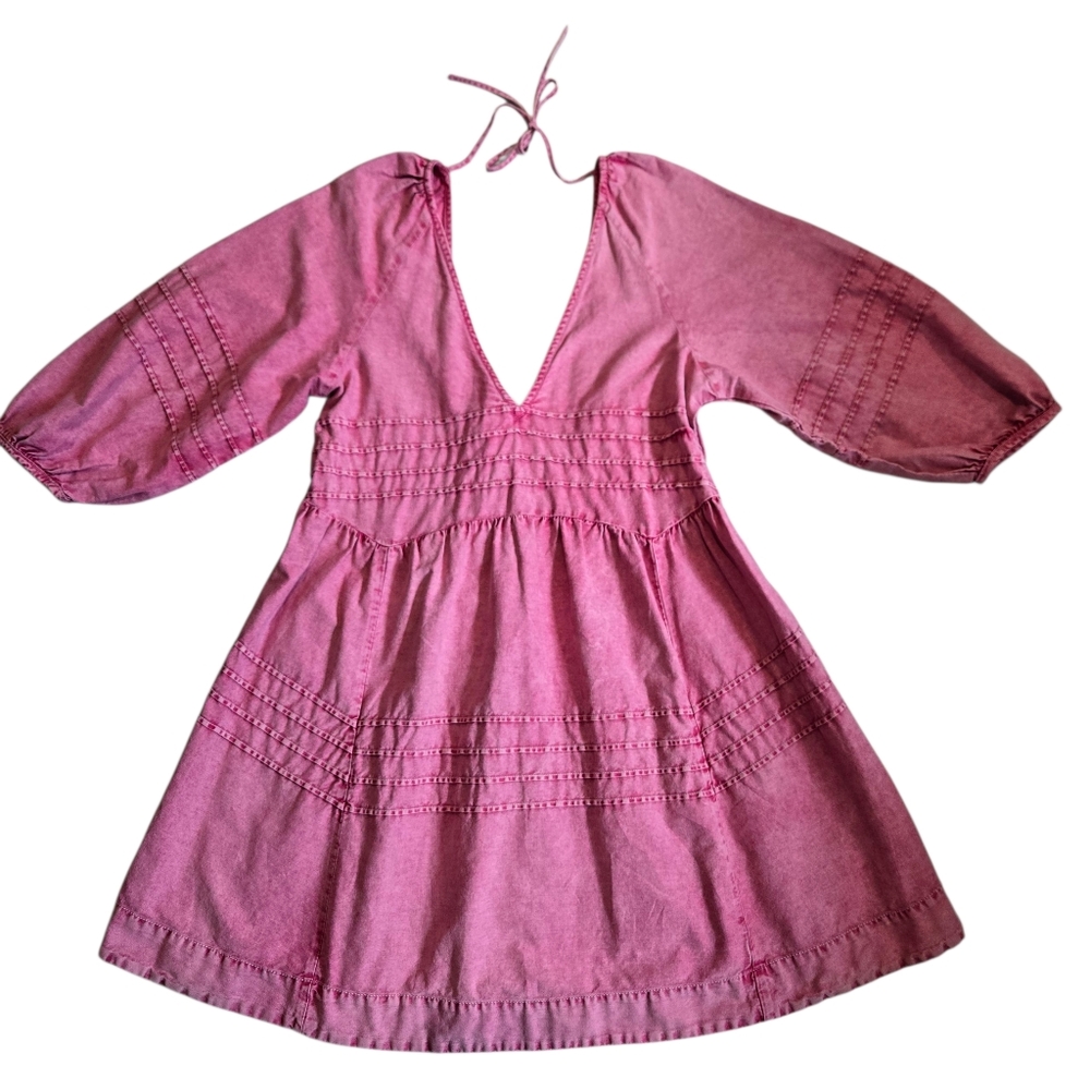 Free People NWOT Sweet Surrender Denim Acid Wash Mini Pink Dress Small - Picture 3 of 6